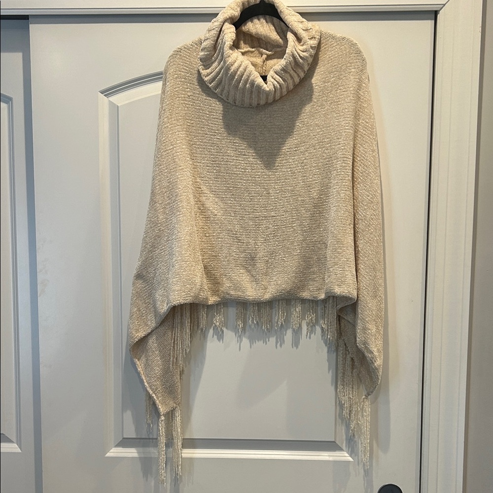 Elegant Beige Cowl Neck Sweater with Fringe